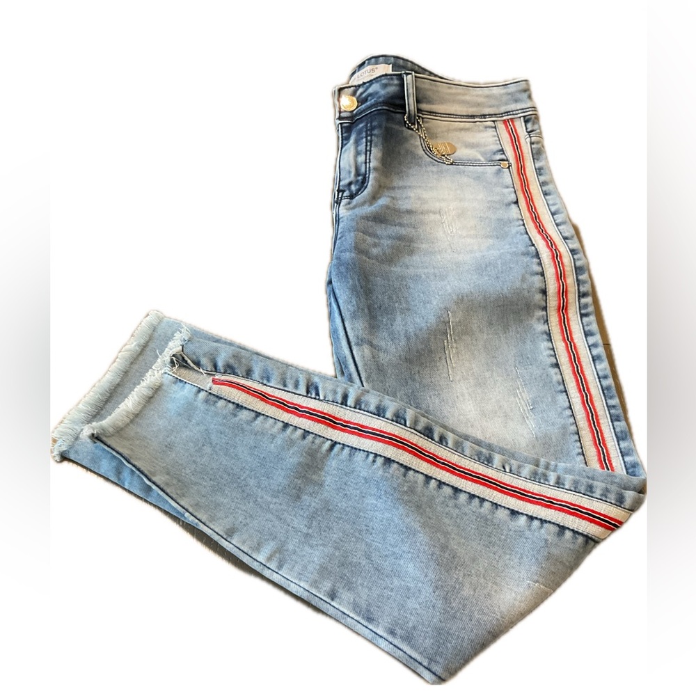 LOTUS Soft Denim Jegging Jeans with side stripes and frayed ankle cutouts .